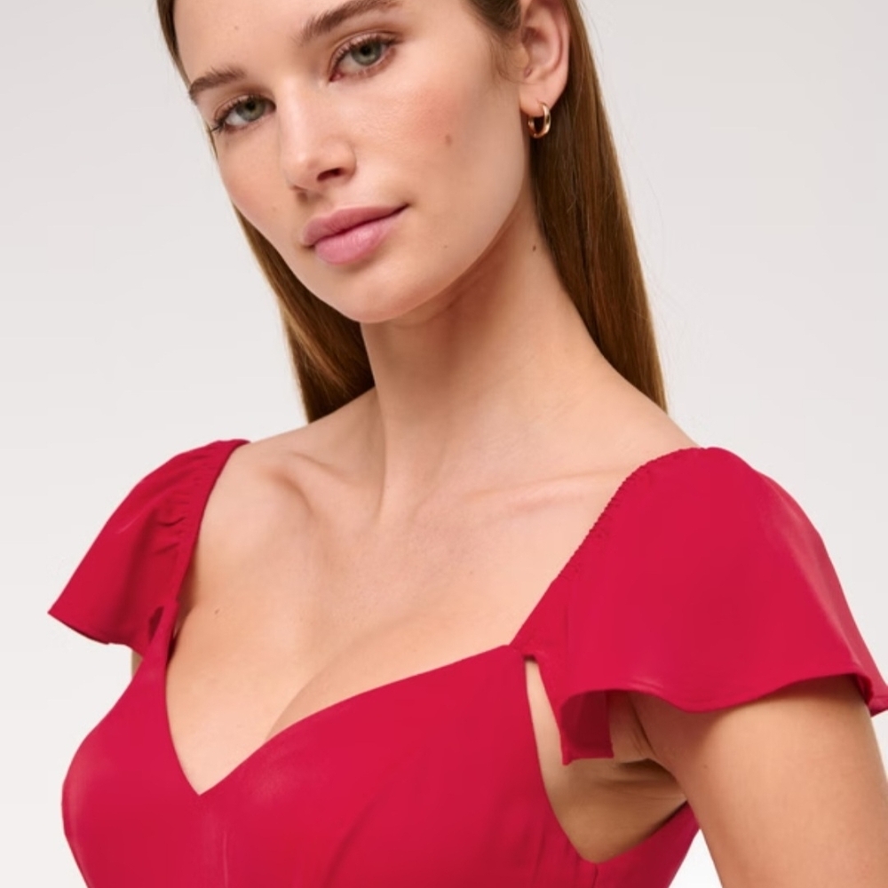 Abercrombie & Fitch Red Flutter-Sleeve Midi Dress with Side Slit, Size M - Picture 8 of 10